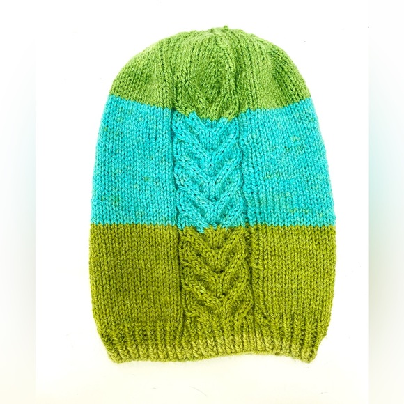 Hand Knit Striped Slouchy Beanie with Antler Cable Design One Size Fits Most - Picture 2 of 5